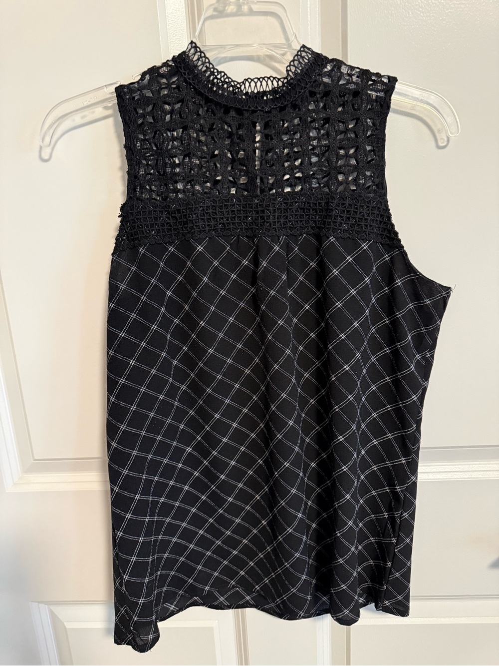 Maurices Black Crochet Yoke Tank with Subtle Plaid